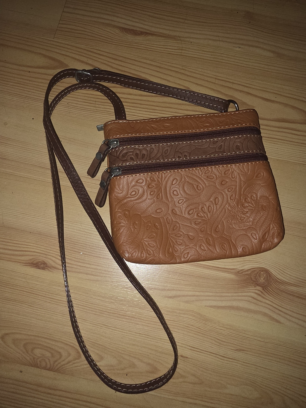 Tan Floral-Embossed Leather Crossbody Pouch